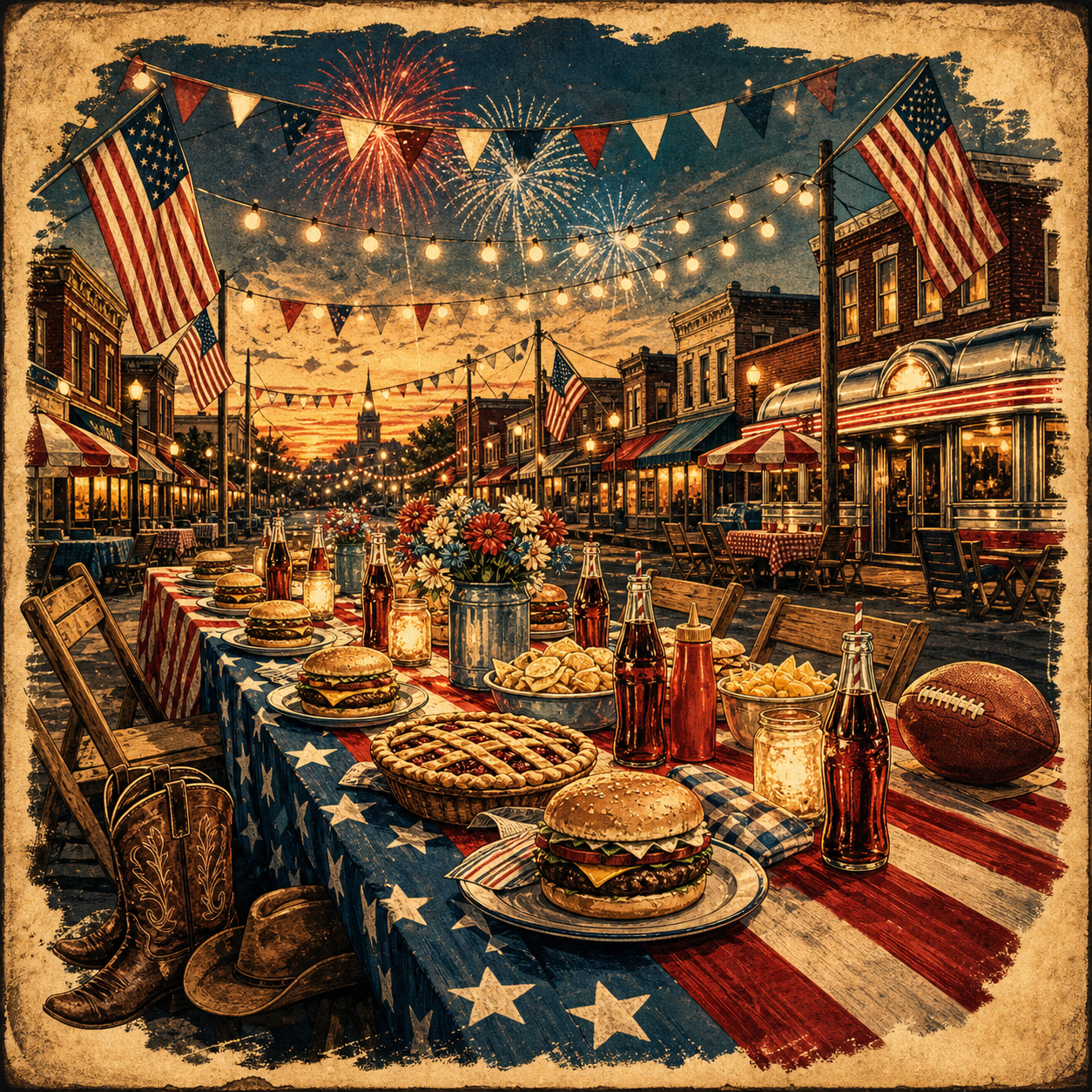 Vintage poster art of a small town block party