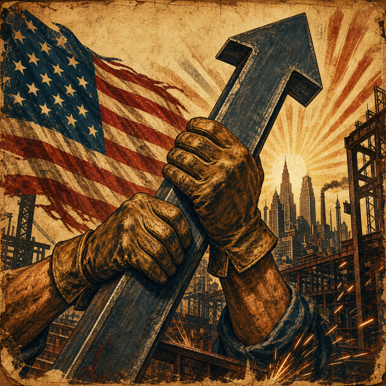 Vintage poster art of industrial work gloves and an upward steel beam