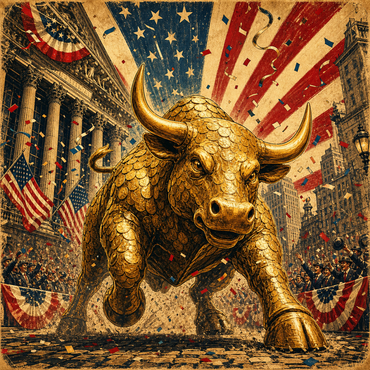 Vintage poster art of Wall Street and Main Street with a golden bull