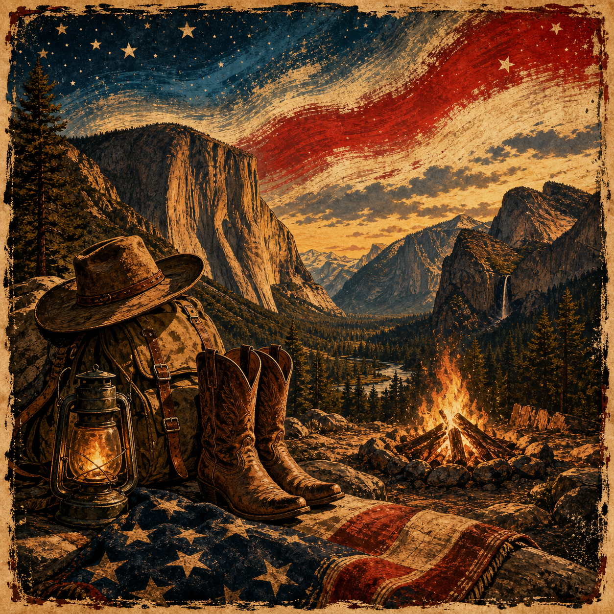 Vintage poster art of a mountain overlook and campfire