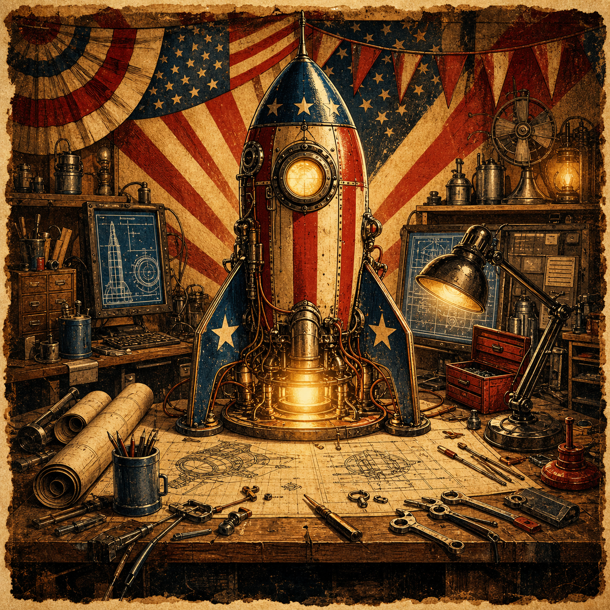 Vintage poster art of a garage startup workbench