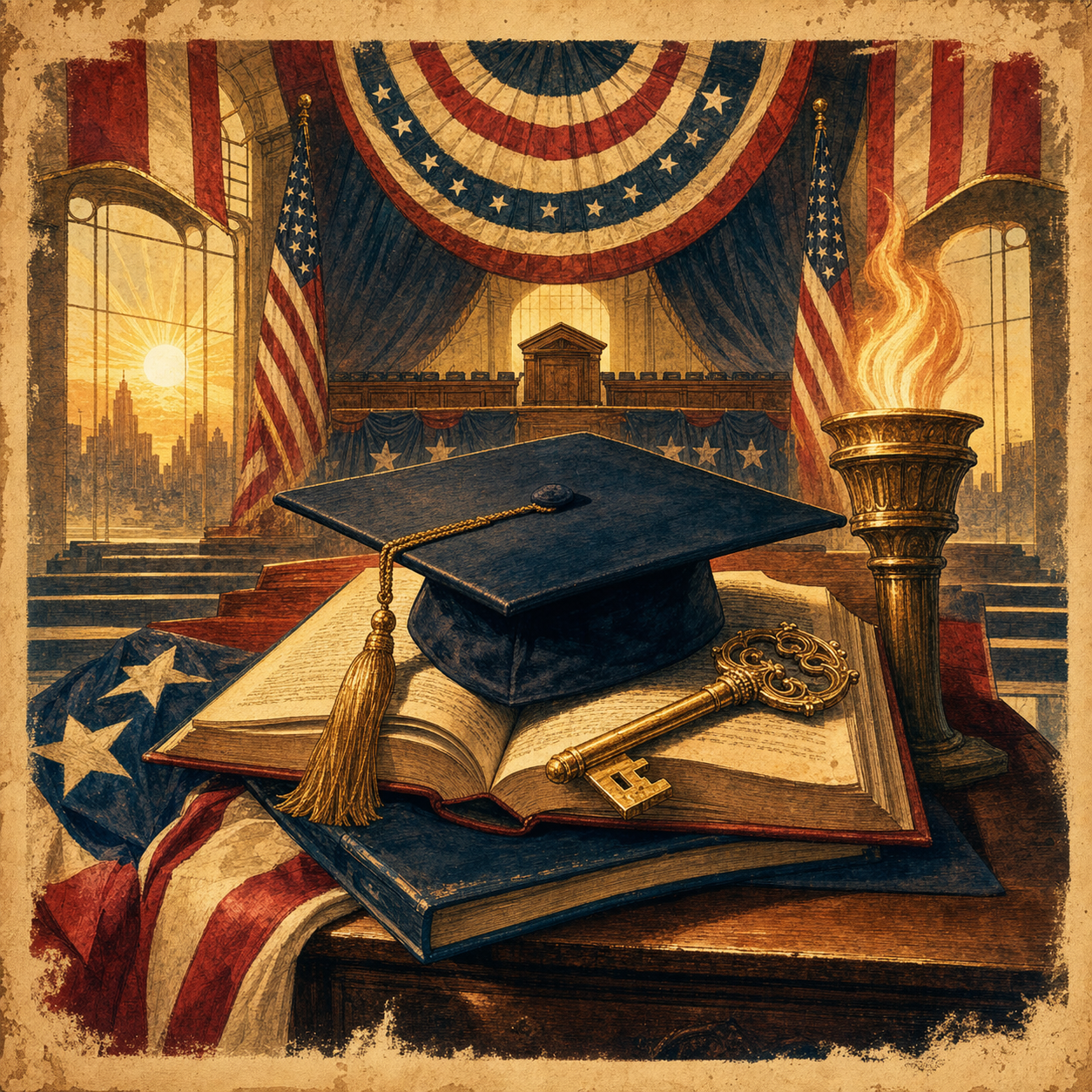 Vintage poster art of a graduation cap, open book, and key