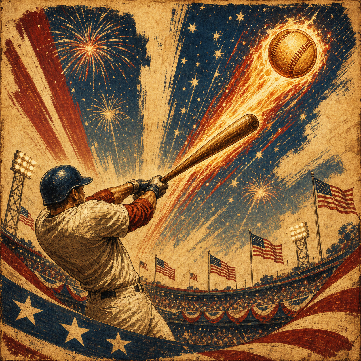 Vintage poster art of a baseball grand slam with fireworks