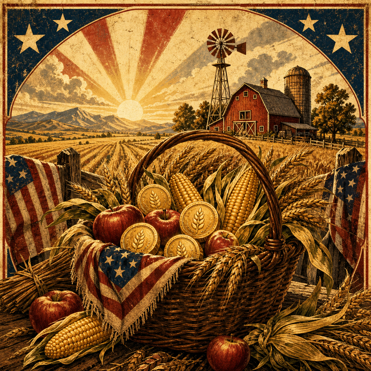 Vintage poster art of farmland harvest and prosperity