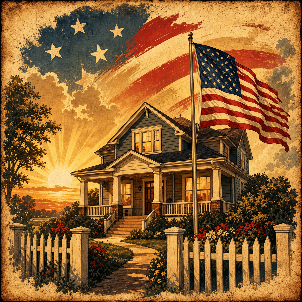 Vintage poster art of a family home with a white picket fence