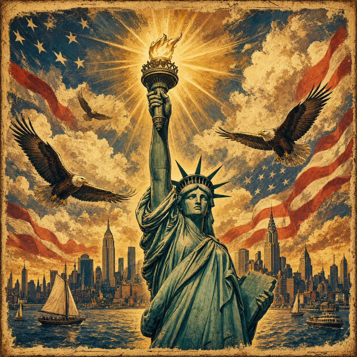 Vintage poster art of the Statue of Liberty torch