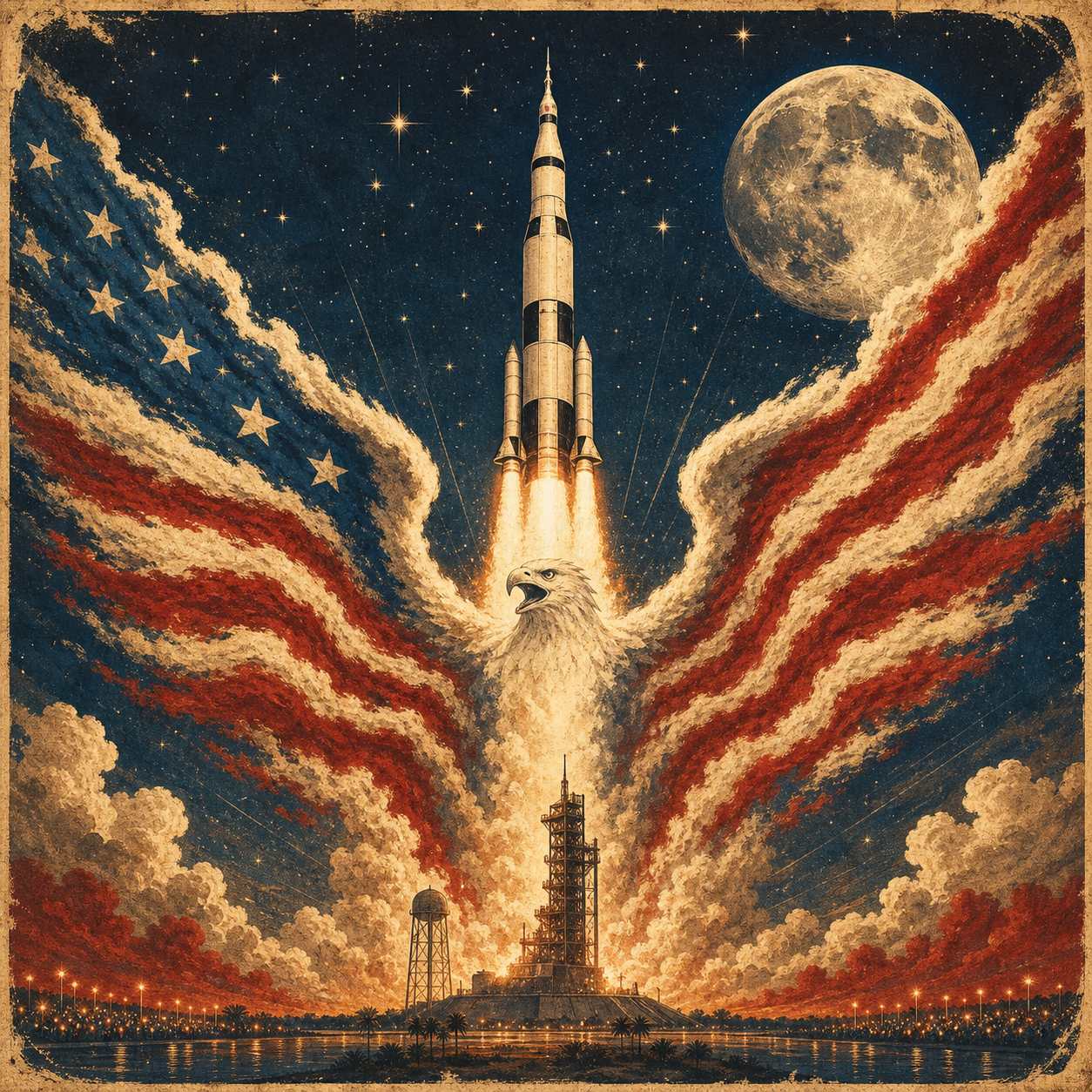 Vintage poster art of a rocket launch and moonshot