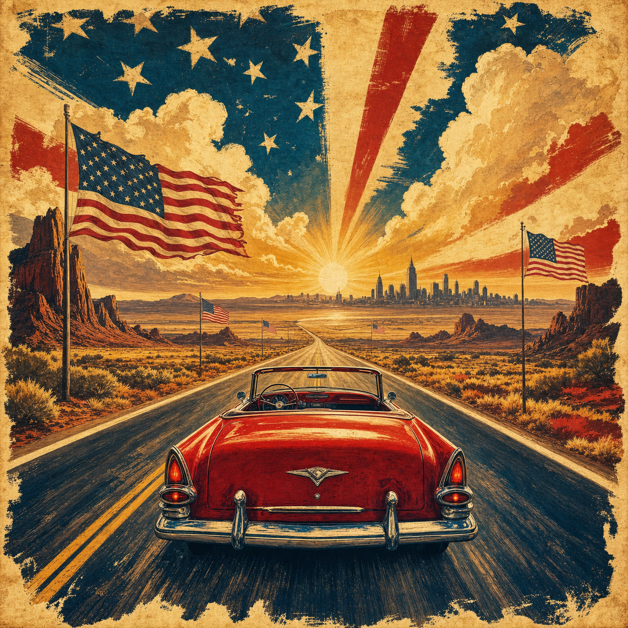 Vintage poster art of an open highway and red convertible