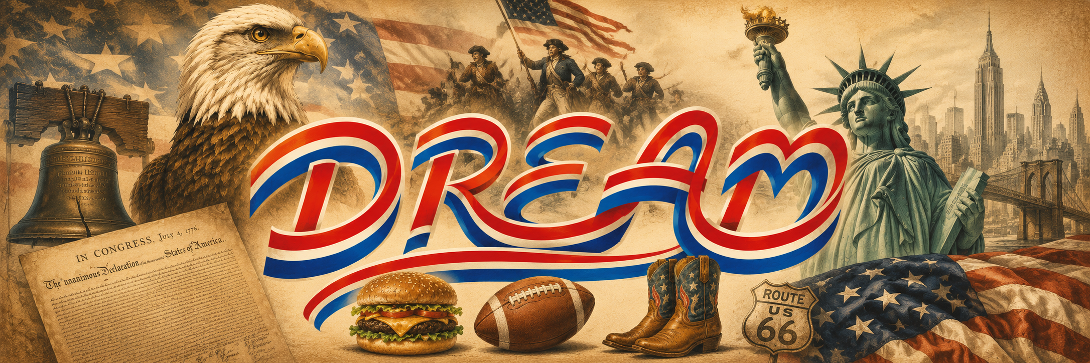 DREAM banner with eagle, Statue of Liberty, and Americana artwork